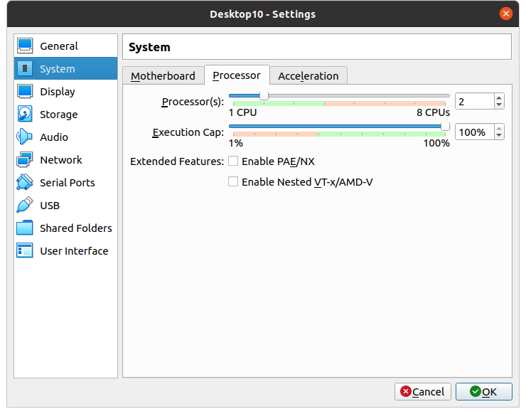 VirtualBox CPU settings